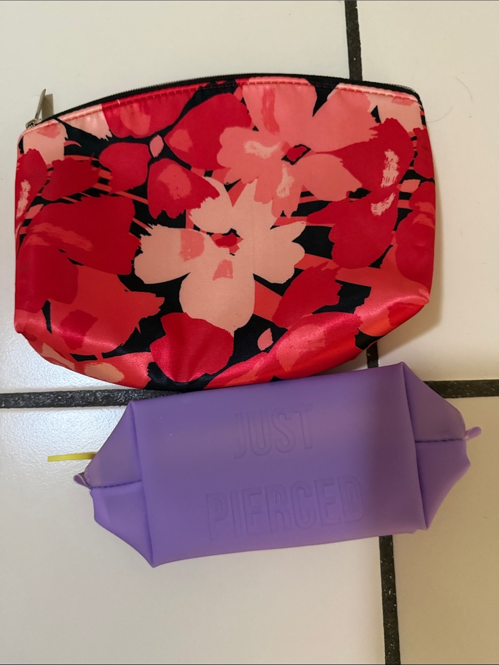 Purple Travel Pouch with Red Floral Cosmetic Bag Set